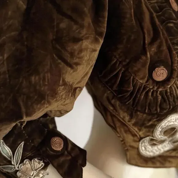 Vintage 1910's VICTORIAN EDWARDIAN Cocoa Brown VELVET FLORAL PUFF Sleeve Jacket - Picture 4 of 8